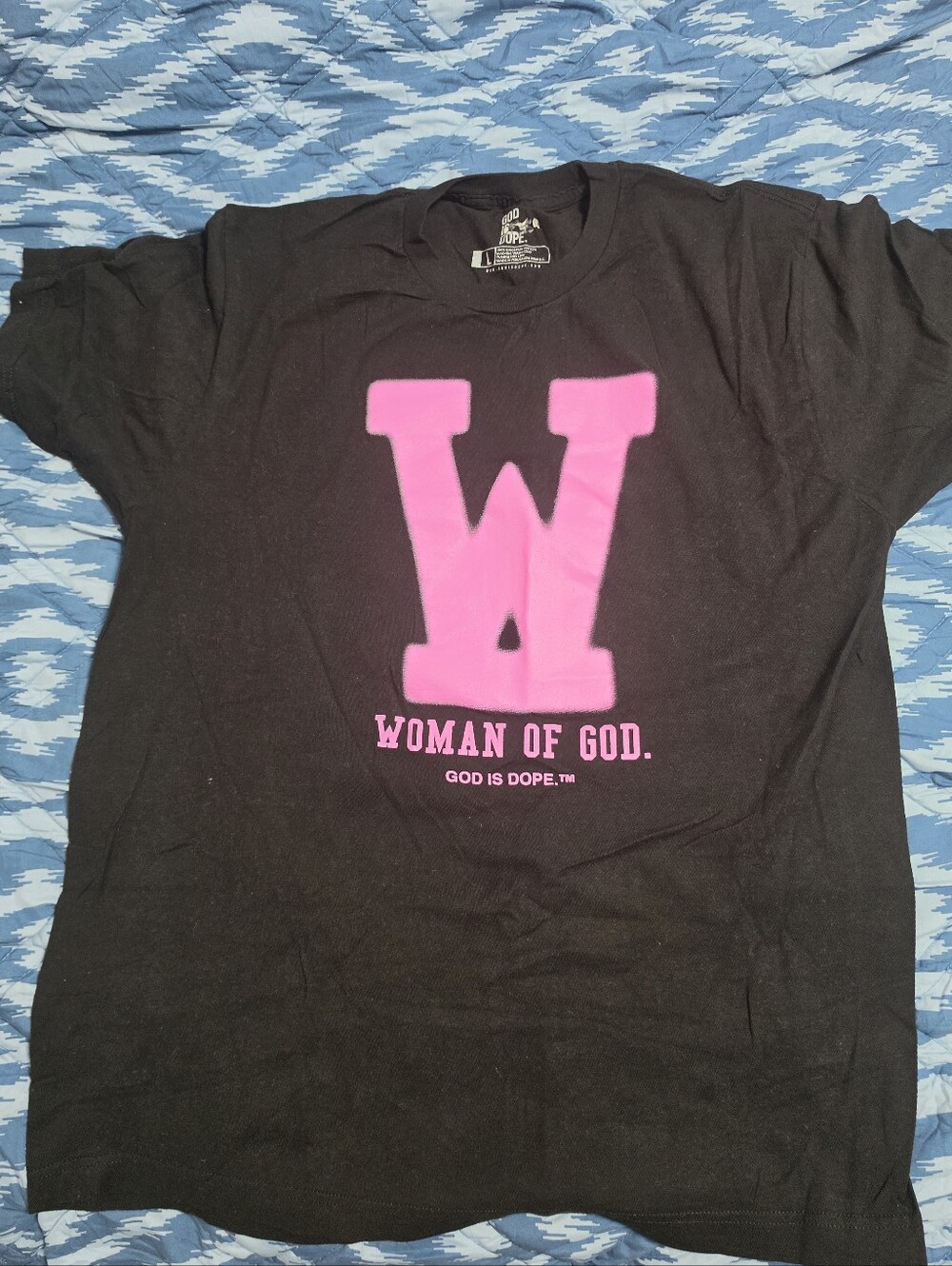 Woman of God Black Tee with Pink Graphic - Size Large